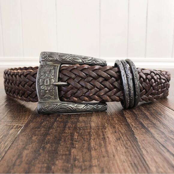 Vintage Woven Leather Belt Ornate Floral Buckle Jennifer Graham Size Small Brown - Picture 13 of 13